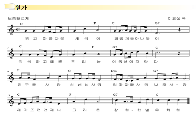 맑고 아름다운 새싹이 파랗게 돋아나듯이
씩씩하고 예쁜 우리는 이동산에 자란다
친구들 사랑 선생님 사랑 엄마 아빠사랑 나라사랑
해가 뜨면 언제나 그리운 창원한별유치원